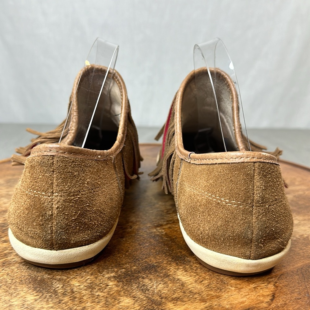 Sanuk Shoes Womens 10 Brown Suede Pink Fringe Slip On Moccasin Loafers - Picture 4 of 13